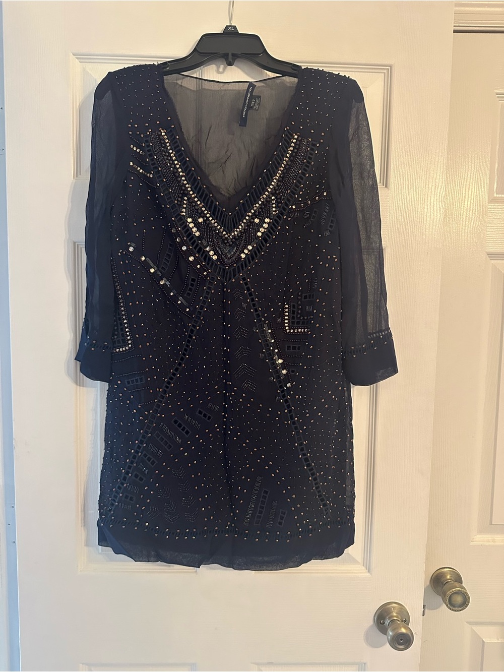 French Connection Navy Beaded V-Neck Mini Dress